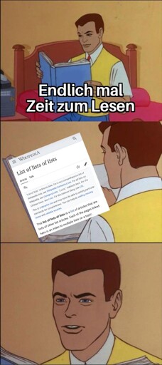 Ein dreiteiliges Meme. In der ersten Box: Peter Parker liest ein Buch, darüber der Text "Endlich mal Zeit zum Lesen". In der zweiten Box eine aufgeschlagene Buchseite, darin ein Screenshot des Wikipedia-Artikels "Lists of lists of lists". In der dritten Box guckt Peter Parker nichtssagend in die Leere