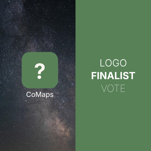 Left side is a starry night sky, and an icon with a question mark and "CoMaps" below it. On the right side is CoMaps olive green, with text "Logo finalist vote".