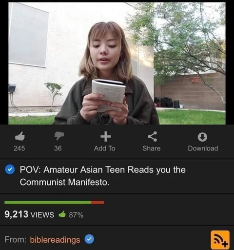 Screenshot of a Pornhub video tiitled "POV: Amateur Asian Teen Reads you the Communist Manifesto" by the channel biblereadings