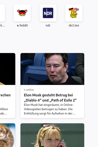 Screenshot von einem t-Online-Artikel mit dem Titel "Elon Musk gesteht Betrug bei Diablo 4 und Path of Exile 2"