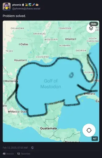 @phoenix@chaos.social on Mastodon: A picture of the Gulf of Mexico with an elephant drawn following the coastline with the text "Golf of Mastodon" on the map where Gulf of Mexico is suppose to go. Text above the image reads: "Problem solved".